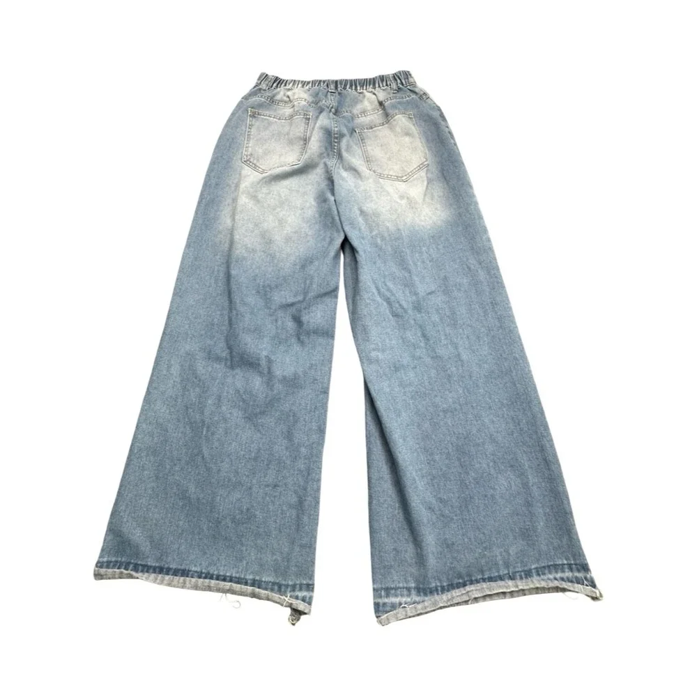SHEIN Curve Jeans Womens 0XL Light Wash Star Patchwork Wide Leg Distressed Denim - Picture 2 of 11